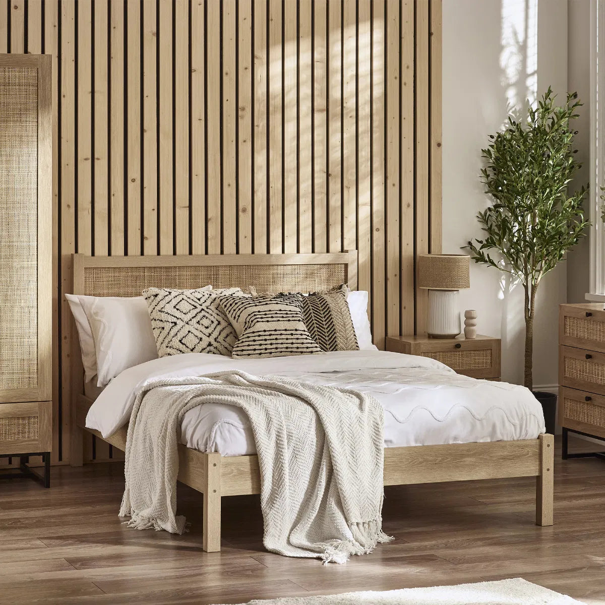 Clermont Oak Wood & Rattan Rattan King Bed